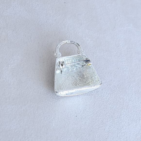 Vintage Purse Brooch Beige Enamel Finish Pin Clasp Gift Silver Tone Metal Cute - Picture 4 of 5